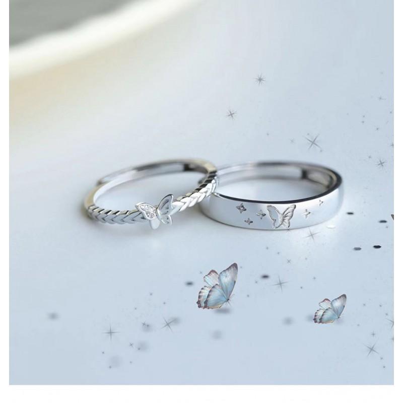Adjustable Butterfly Couple Ring Set Sterling Unisex Vintage Geometric Design Romantic Gift Him Her