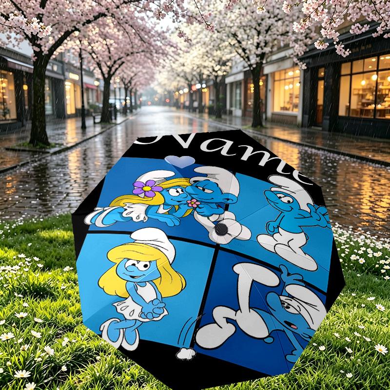 Custom Name Personalized Blue Smurfs Print Umbrella, Auto Open Close, 8‑Rib Sturdy Frame, Commute Camping Hiking Use, Birthday Gift