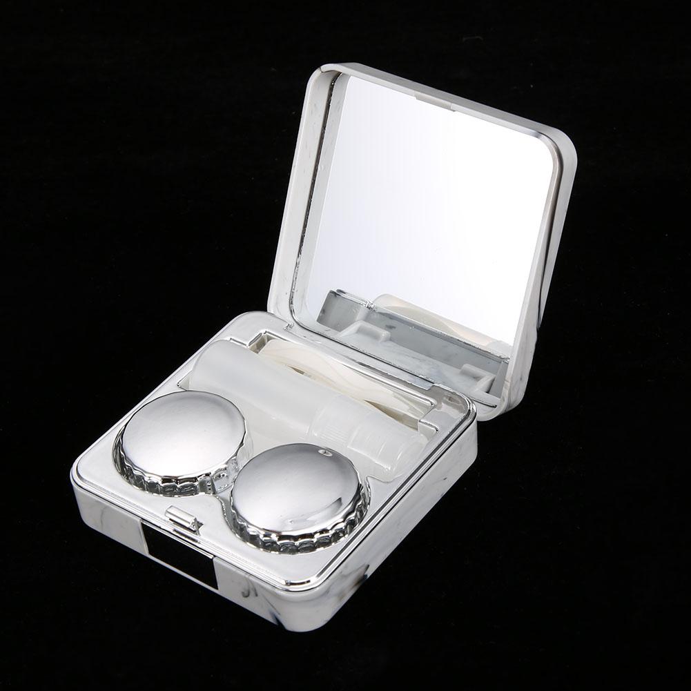 Portable Marble Surface Mirror Square Soaking Contact Lens Case Silver