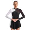 Womens Sparkly Rhinestone Figure Skating Dance Dress Contrast Color Sheer Mesh Patchwork Long Sleeve Mock Neck Dresses