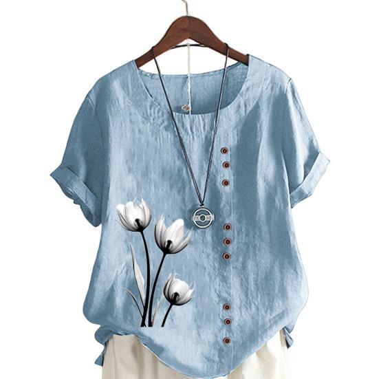 Женская летняя футболка с короткими рукавами и круглым вырезом, пуловер с пуговицами, декор с цветочным принтом, винтажный стиль, женский топ