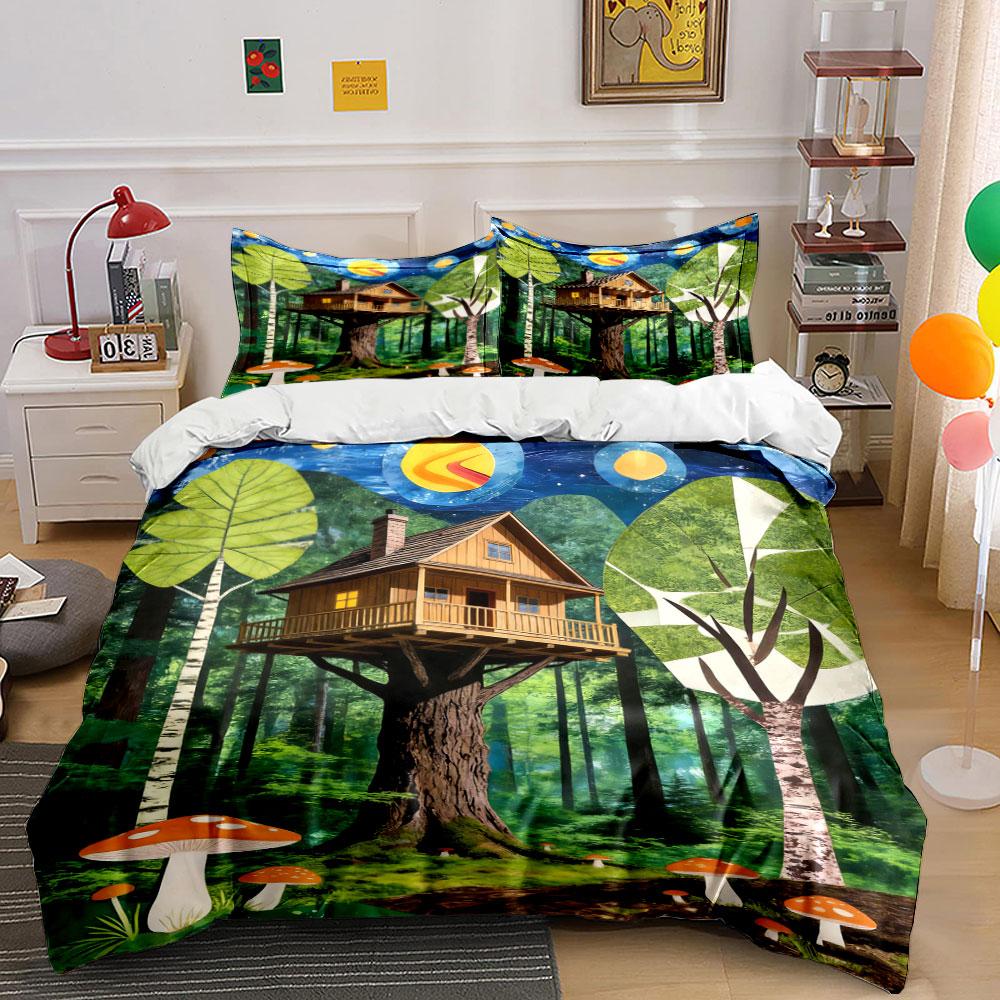Treehouse and forest scene. Bedding sets Duvet cover sets Duvet covers Pillowcases(1 * Duvet Cover 2 * Pillowcases without duvet insert)