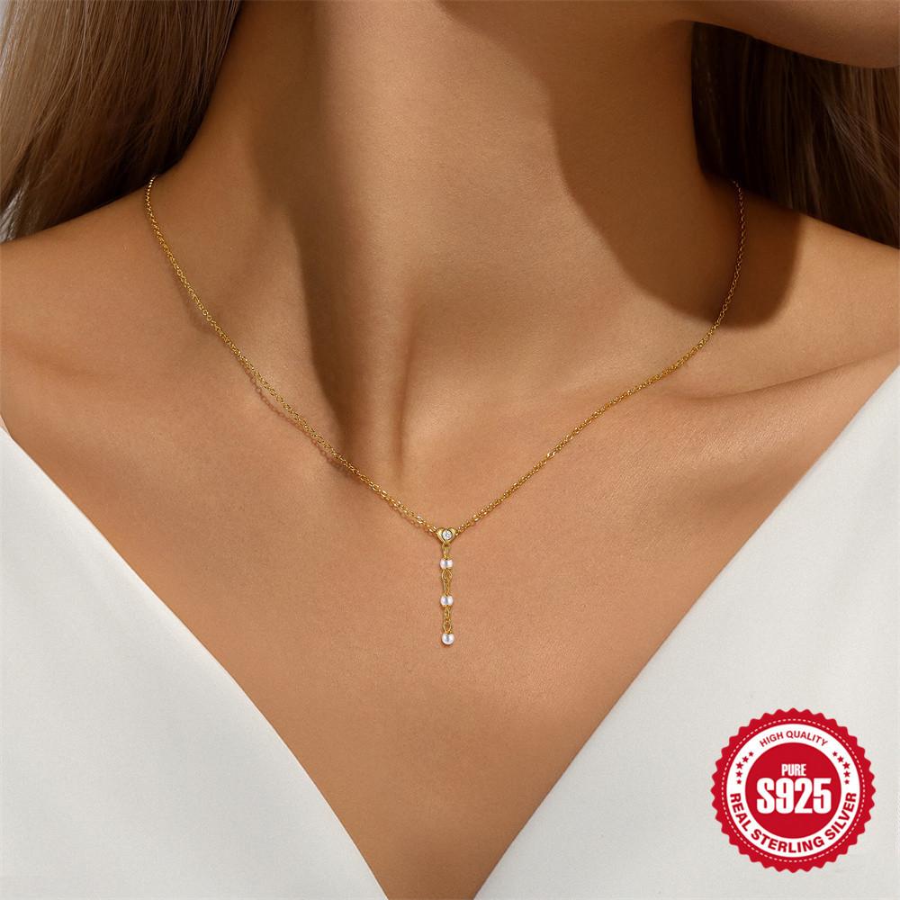 S925 Sterling Silver Mother'S Day Y-Shaped Necklace Niche Design Sense Love Rose Pearl Stacked Necklace