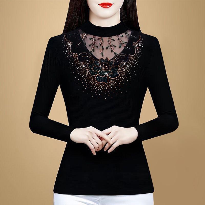 New Spring Heavy Industry Hot Diamond Plus Velvet Thickened Base Shirt for Women