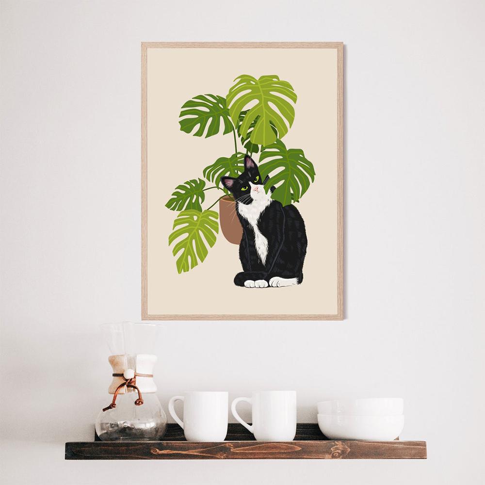 Ботанический черный кот, настенная живопись на холсте, стиль бохо, постер с животными, принты с тропическими растениями, забавные кухонные картины для домашнего декора