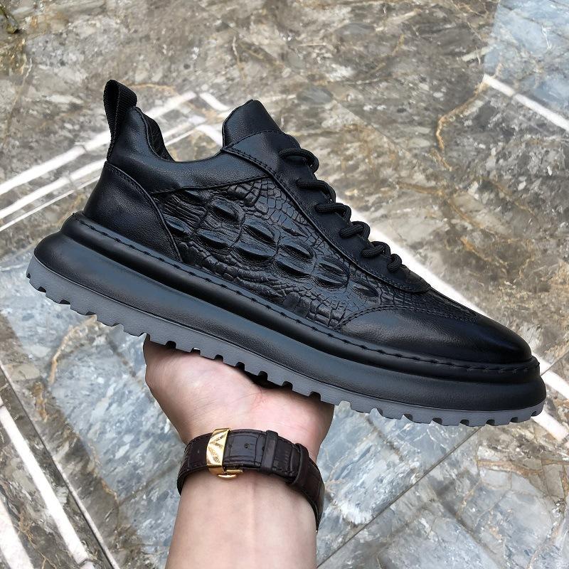 Fashion Men Faux Cowhide Crocodile Print Sneakers Casual Leather Shoes Men's Versatile Thick Soled Wear Resistant Shoes Men's Work Shoes