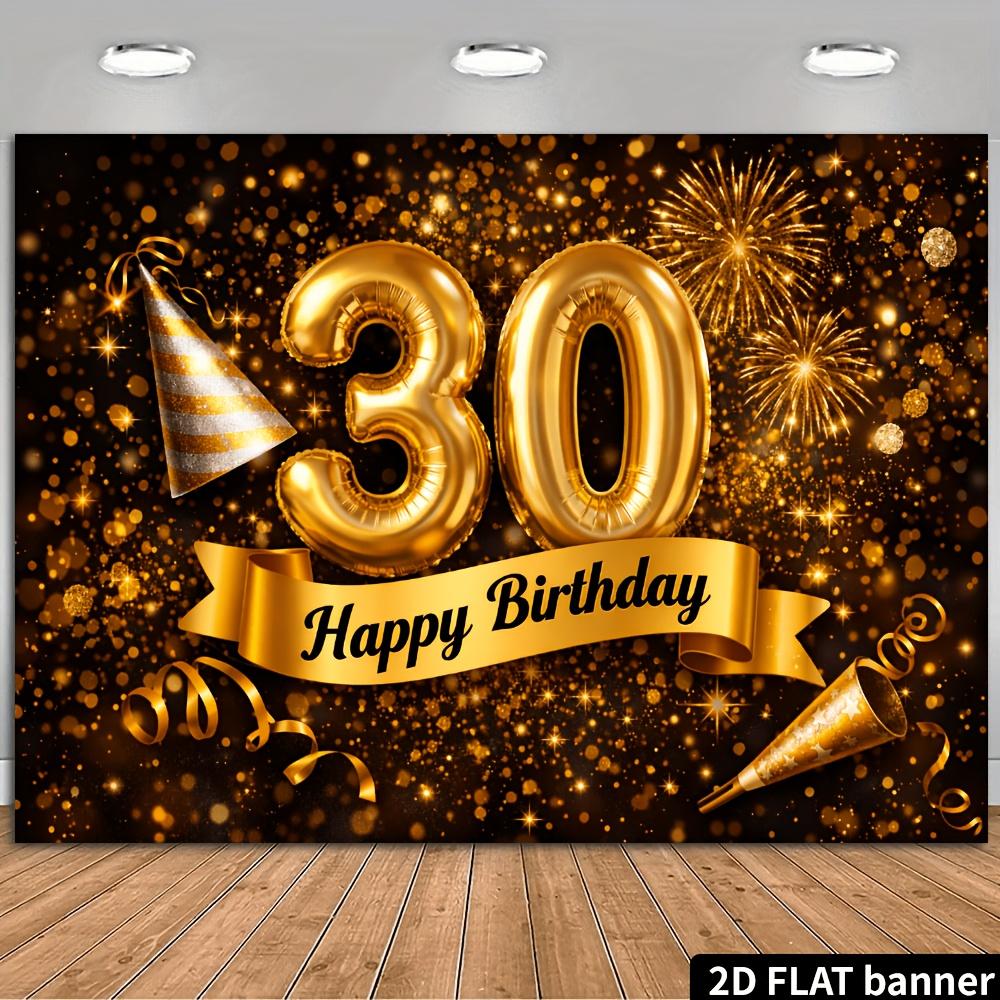 30th Birthday Party Banner Backdrop, Black Gold Luxury Number Balloon Party Cap Trumpet Firework, Polyester, Photo Wall Decor