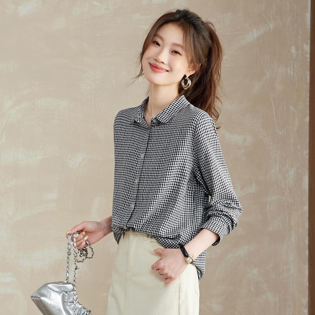 Женская клетчатая хлопковая рубашка с длинным рукавом в винтажном стиле - Повседневная верхняя одежда для весенне-осеннего сезона