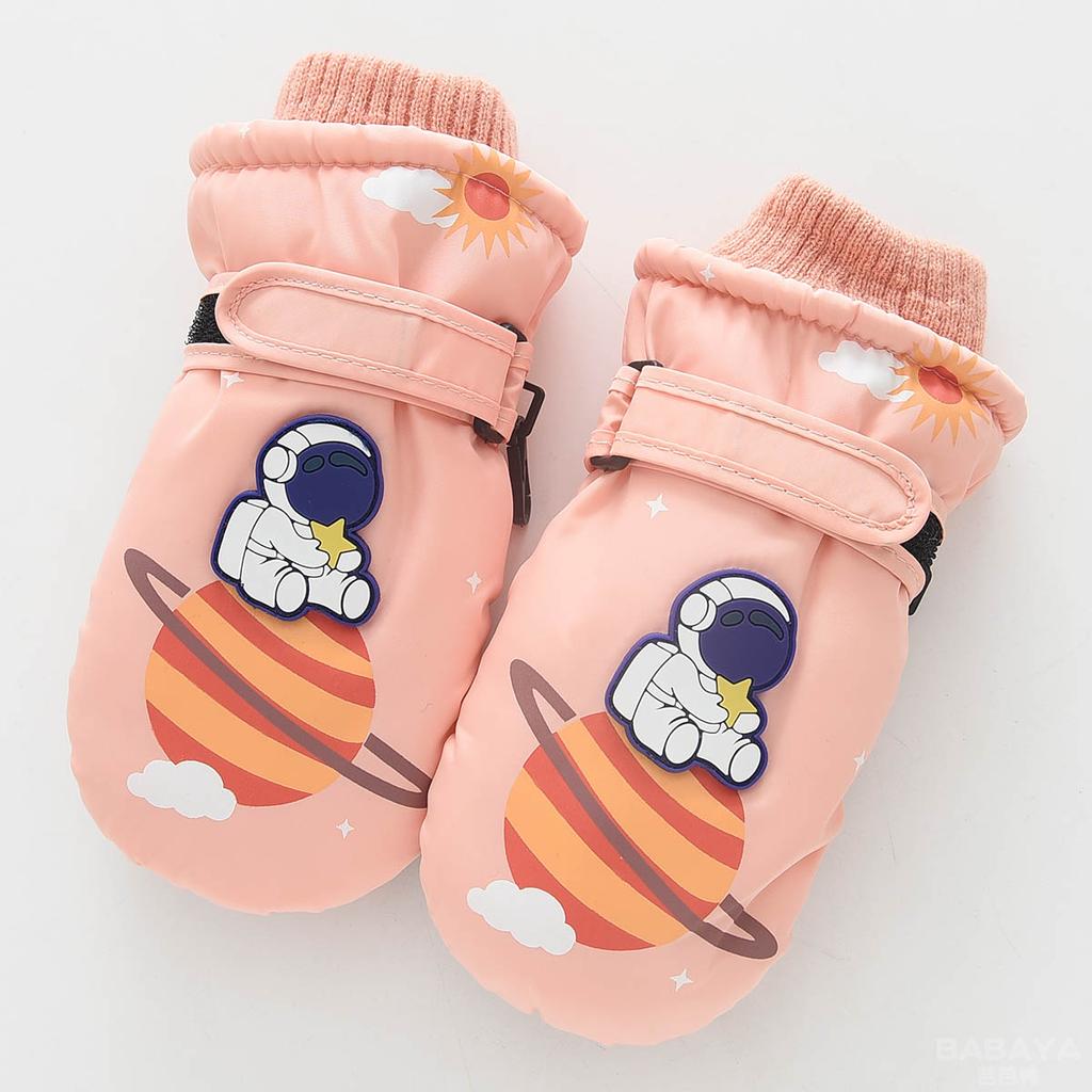 Winter plush cute space warm gloves for children, boys and girls, all inclusive waterproof connected finger gloves, outdoor cycling gloves