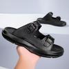 Fashion Premium Mens Leather Slippers Adjustable Buckle Slides Non-Slip Sole Man Wading Aqua Shoes Comfortable Summer Half Drag Slippers