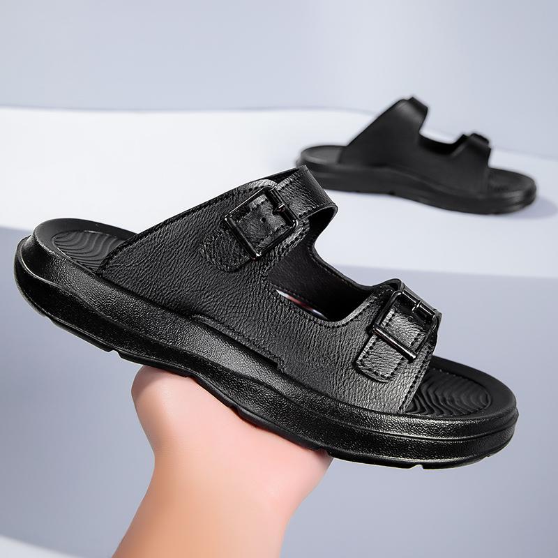 Fashion Premium Mens Leather Slippers Adjustable Buckle Slides Non-Slip Sole Man Wading Aqua Shoes Comfortable Summer Half Drag Slippers