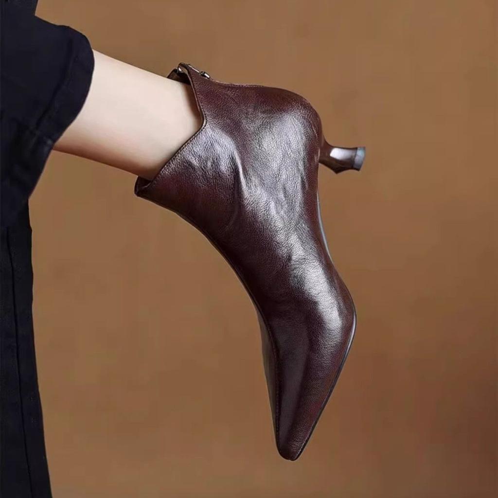 Модные Элегантные Ботильоны на Среднем Каблуке Осень Зима на Флисовой Подкладке Женские Короткие Ботинки Кожаные Челси с Острым Носком Женские Ботильоны