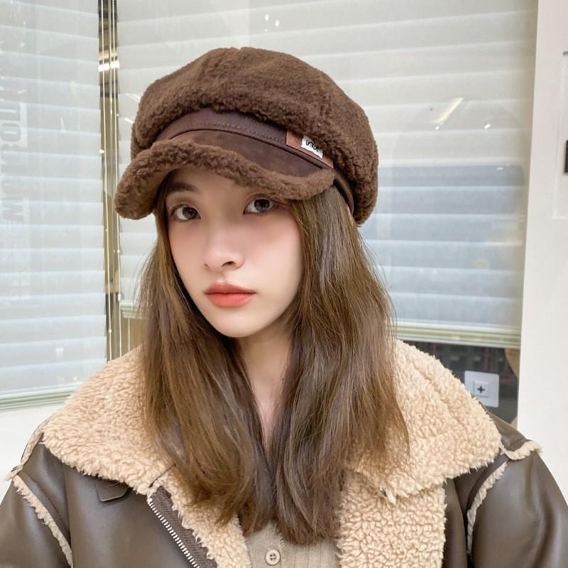 Autumn and Winter Hats Women's Imitation Lamb Wool Fashion Leather Label Octagonal Hat Warm and Cold-proof Face Cap