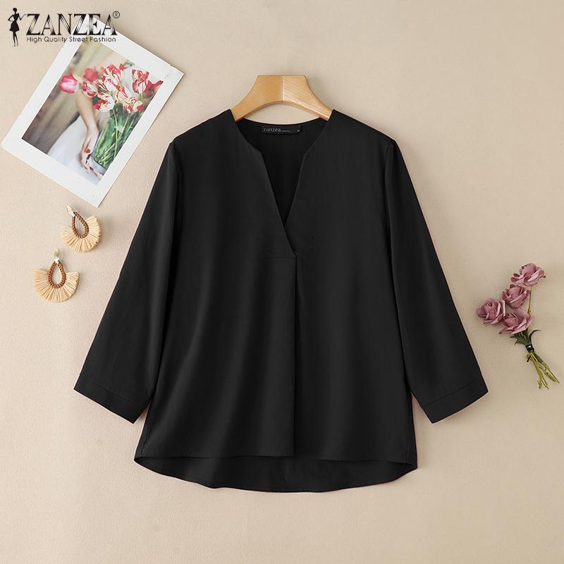 ZANZEA Women Casual V-Neck Solid Color Loose 3/4 Sleeve Cotton Blouse