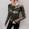 Леопардовый топ с длинным рукавом, винтажная удобная эластичная облегающая кофта-джемпер, кружевные топы