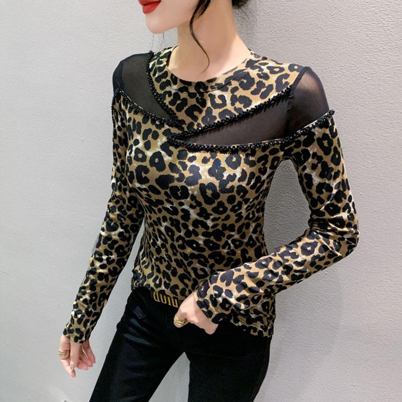 Леопардовый топ с длинным рукавом, винтажная удобная эластичная облегающая кофта-джемпер, кружевные топы