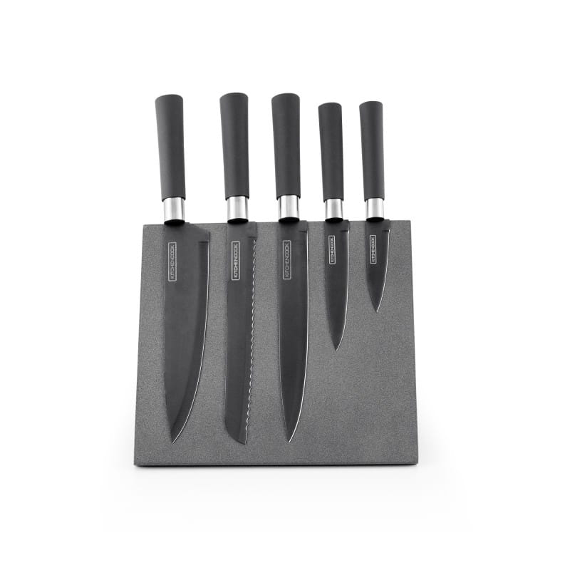 Set of 5 knives on a magnetic Kitchencook slate stand
