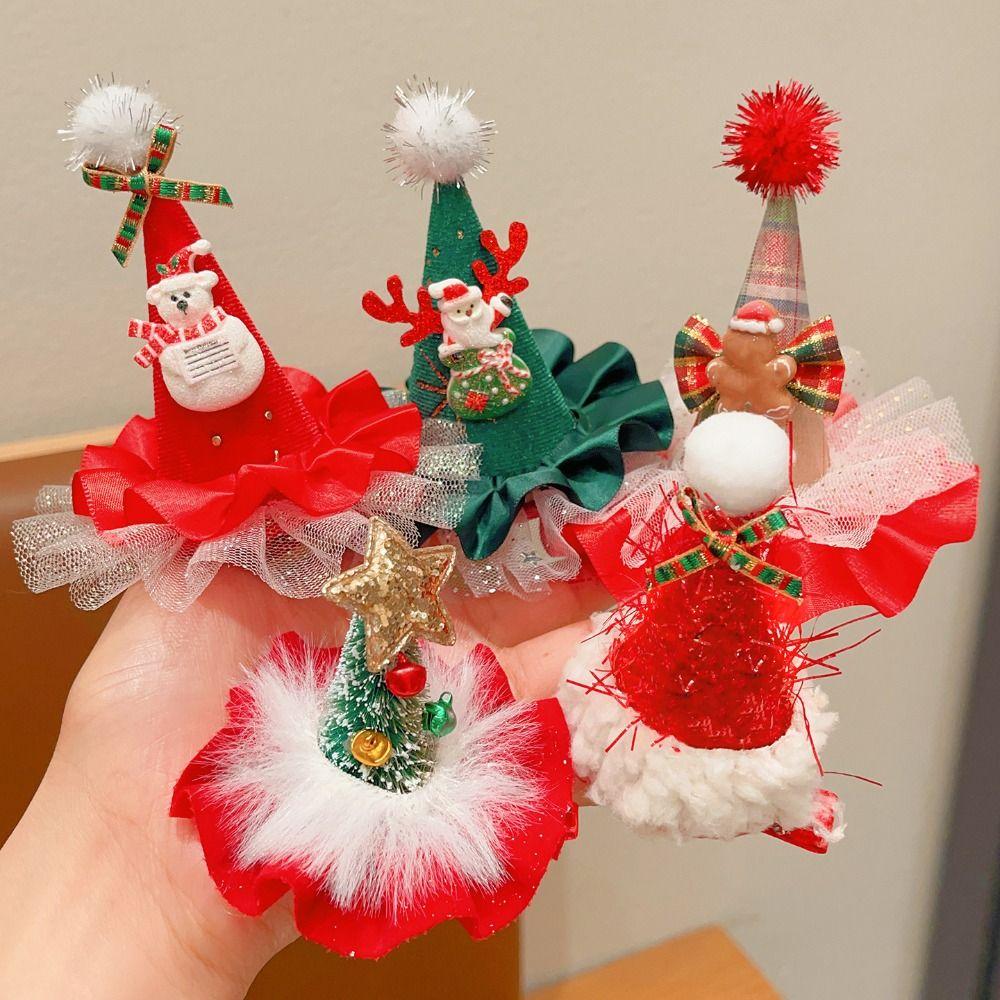 Lace Christmas Hat Hairpin Star Xmas Tree Headpiece Santa Hat Headwear Cute Toddler