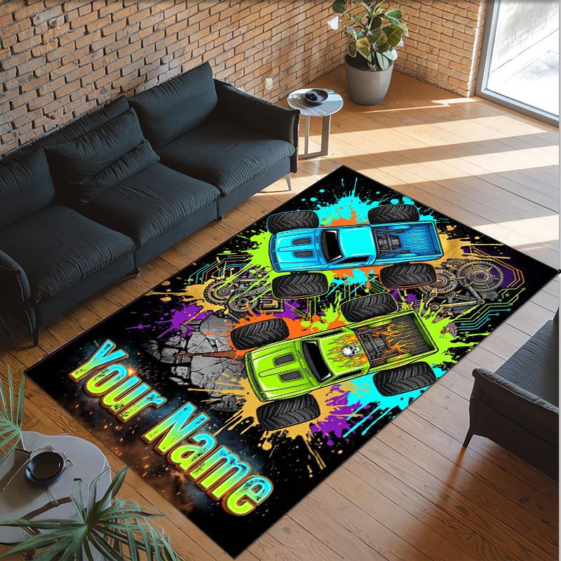 Monster Truck Theme Crystal Velvet Rug Personalized Custom Name Text Soft Floor Mat Home Decor