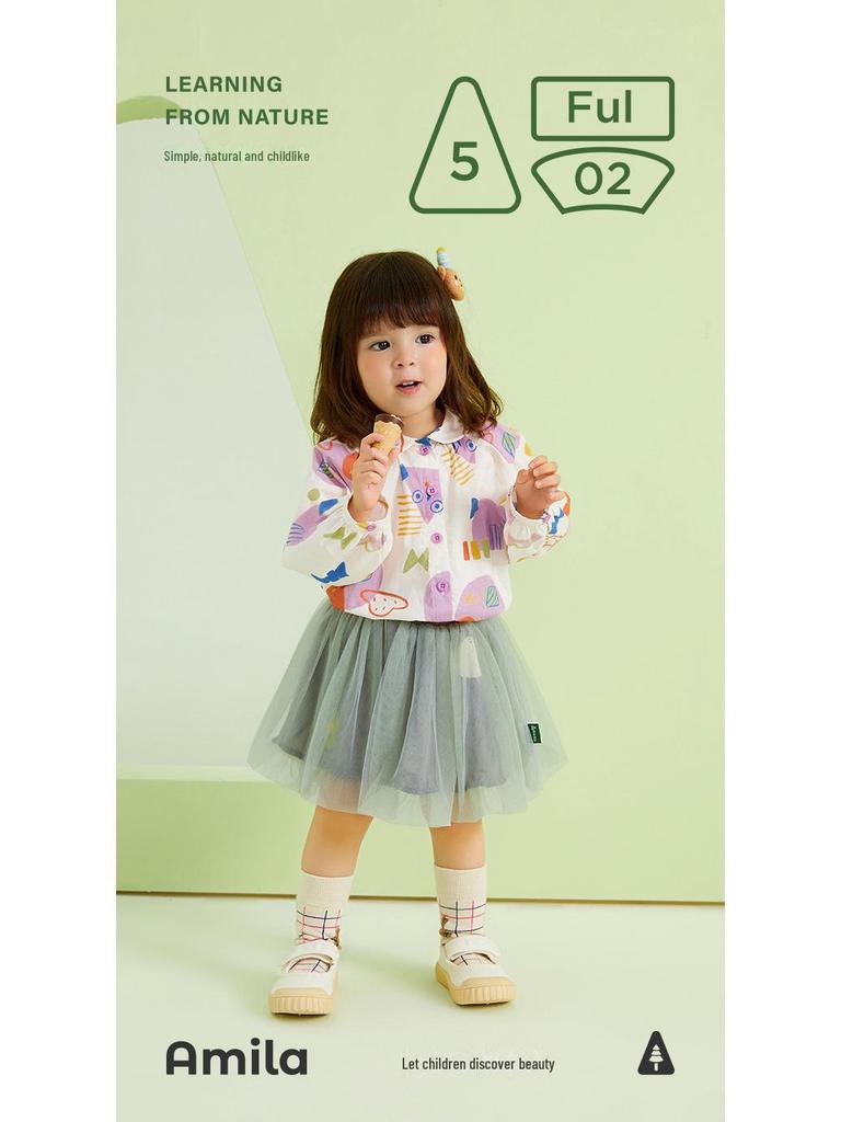 2025 Spring Girls' Cute Sweet Shirt: Full Print Large Lapel Casual Top