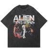 Streetwear Alien Graphic T-Shirt Cotton Washed Black Tshirt Unisex Tops Tees Summer Short Sleeves T Shirt