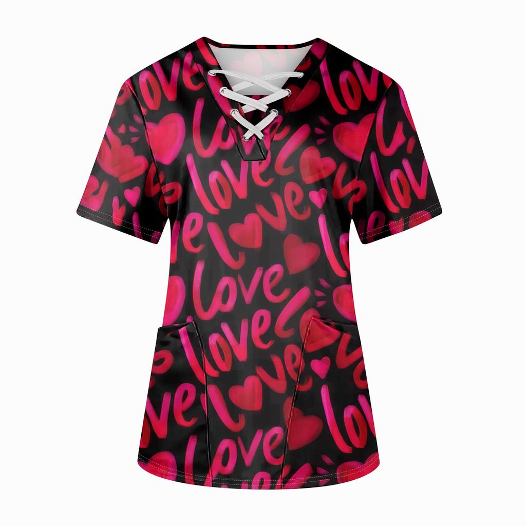 Плюс размерСкраб с принтом Рабочая форма Топы для женщин Крест V-образным вырезом Хэллоуин Принт с короткими рукавами Забавные футболки Спецодежда Футболка с карманами