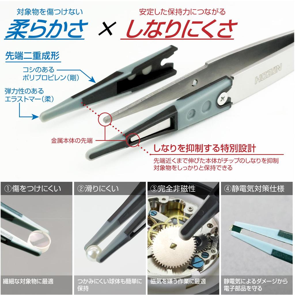 HOZAN ESD Soft Tip Tweezers P-643-J R-Shaped 125mm Anti-Static Total Length 10mm Opening Width 3.0mm