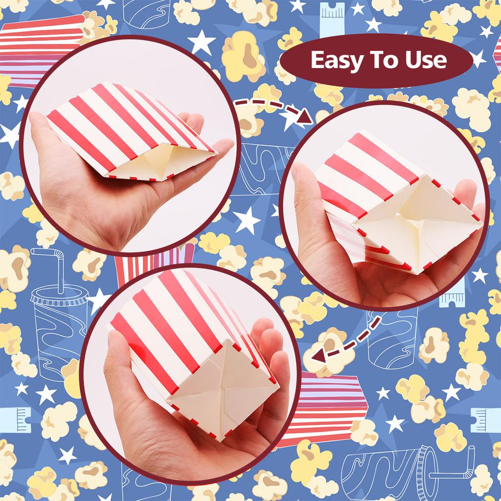25Pcs Popcorn Paper Boxes Buckets Red White Stripes Bags Snack Containers for Movie Night Birthdays Carnival Party Supplies