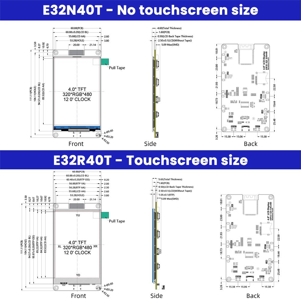Плата разработки ESP32 с 4,0-дюймовым ЖК-экраном, модулем WiFi Bluetooth, интерфейсами I2C/SPI/UART, слотом для карт Micro TF, портом Type-C