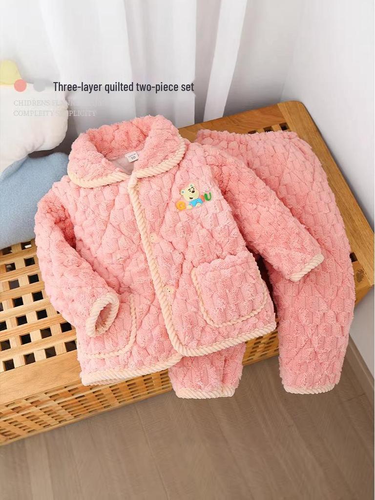 Kids' Winter 3-Layer Quilted Pajamas Coral Fleece Set - Boys, Girls, Babies & Parent-Child Outerwear