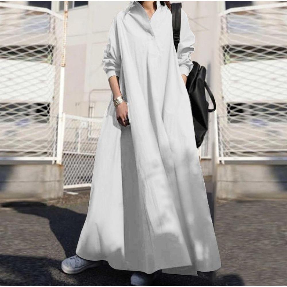 Autumn and Winter Loose Long-sleeved Wide Hem Solid Color Retro Ethnic Style Loose Dress for Women