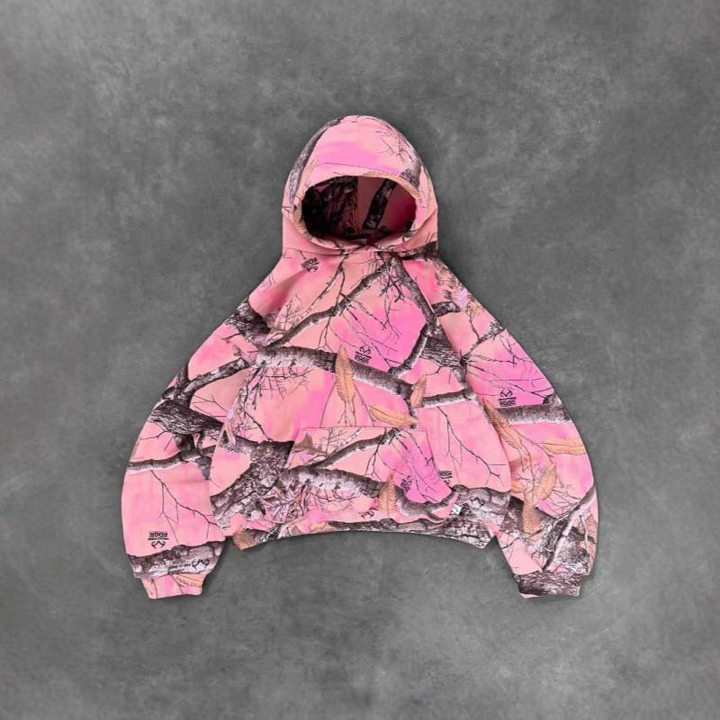 Womens Pink Leaf Camo Hoodie Streetwear Loose Fit Casual Sweatshirt