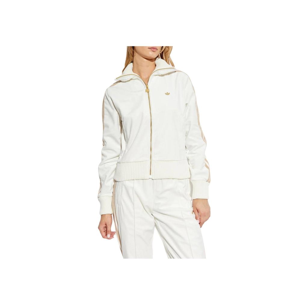 Adidas Originals Logo Embroidered Striped Zip-Up Long Sleeve Stand Collar Jacket Women jackets White IX1057