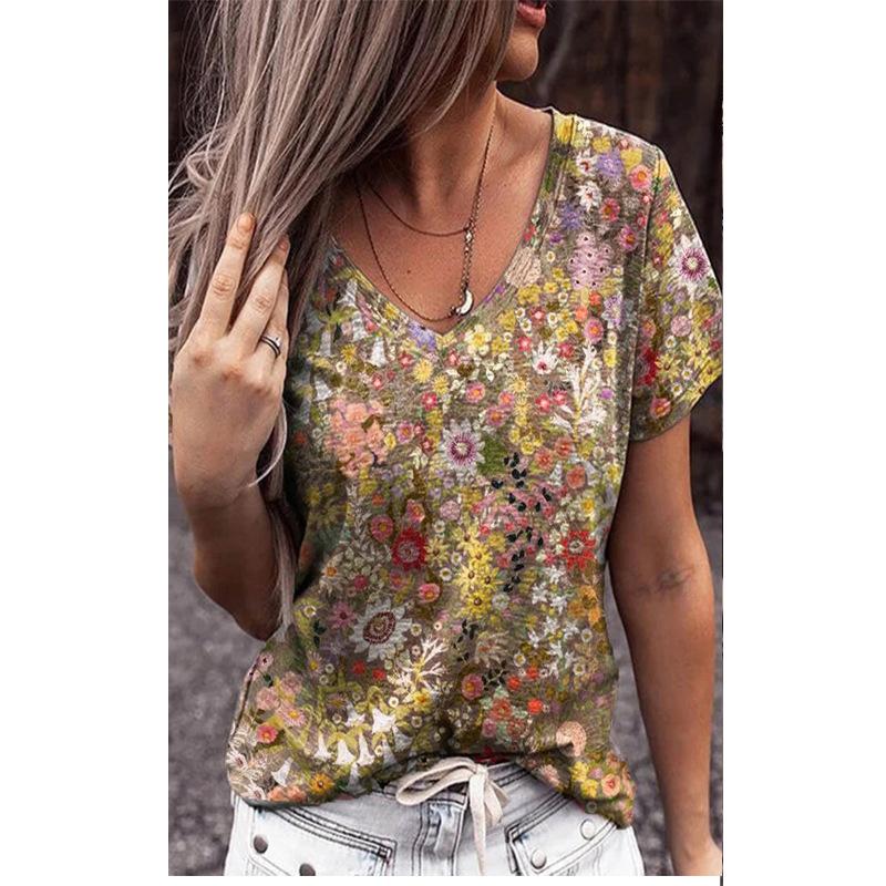 Женские топы с круглым вырезом и абстрактным ретро-принтом, уличная многоцветная свободная футболка с короткими рукавами