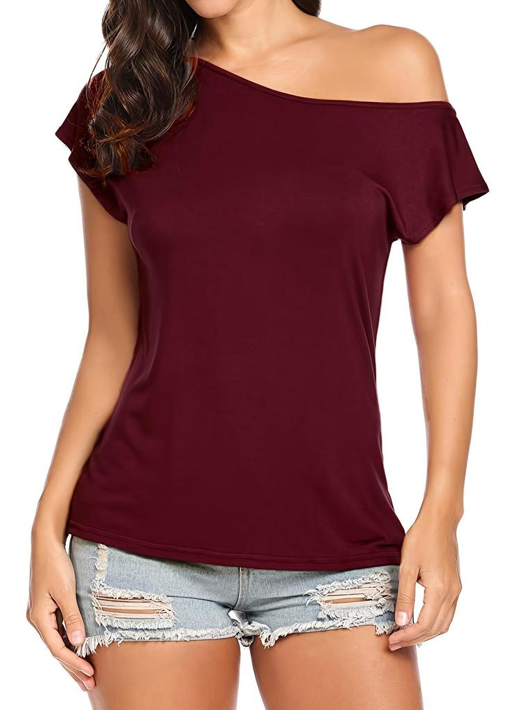 Korean Style Casual Women's Slanted Neck Off-Shoulder Irregular Short-Sleeve T-shirt