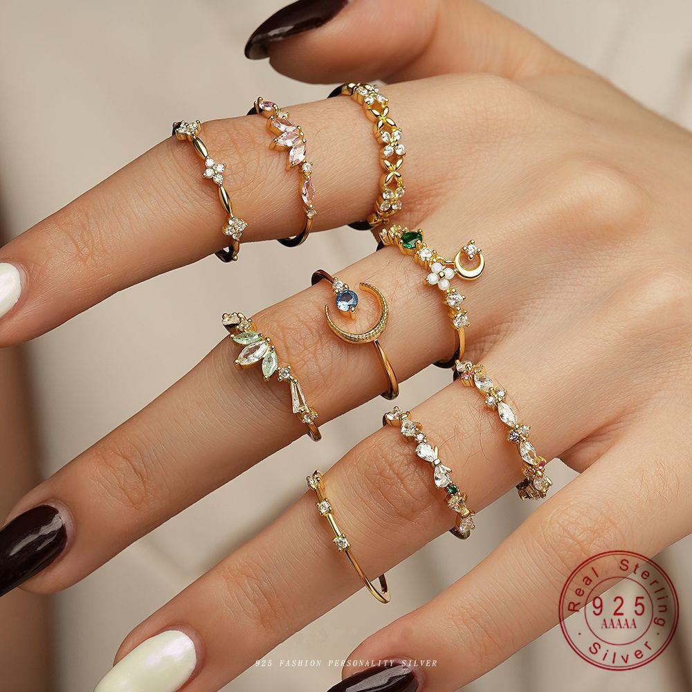 925 Sterling Silver Colorful Zircon Stars Moon Open Ring for Women French Exquisite Sweet Jewelry Gifts