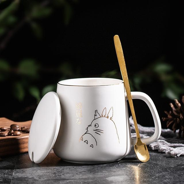 400ml New Product European Style Light Luxury Gold-painted Ceramic Coffee Mug with Lid Spoon Water Cup Cartoon Totoro Mug