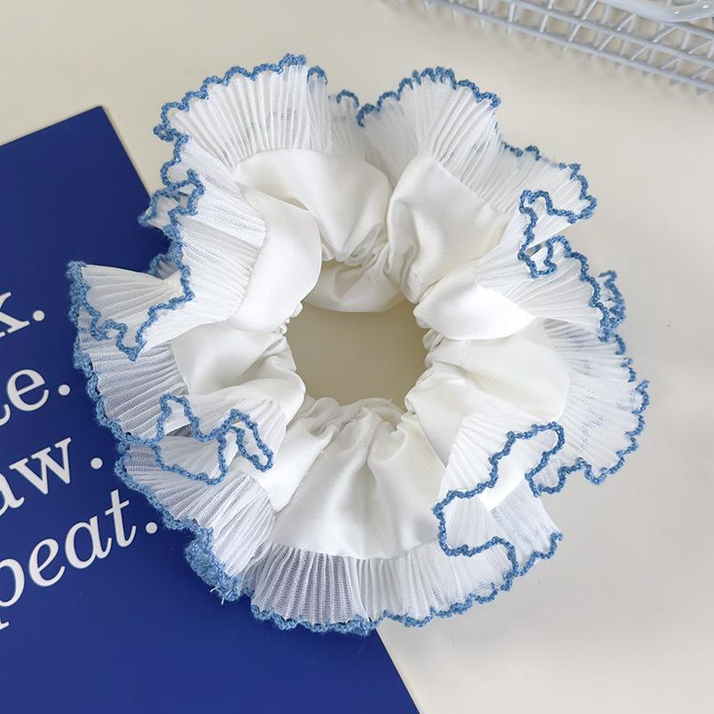 Синие клетчатые оборки резинки для волос двойное кружево повязки на голову женские девушки сладкий роман веревка для волос женская завязка резинка головной убор