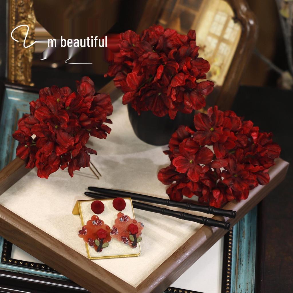 Ретро Заколка для волос в виде цветка из ткани винного цвета - Головной убор в классическом китайском стиле