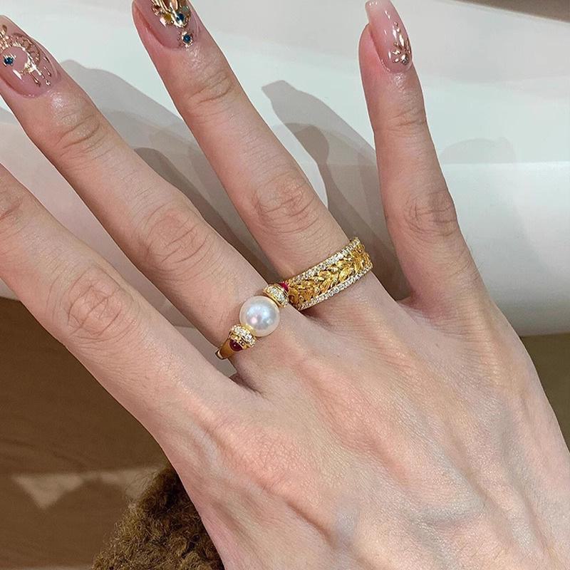 Medieval Diamond-Studded Pearl Earrings & Peace Love Crown Ring Set for Women, Featuring Stacking Rings with Advanced Brushed Design