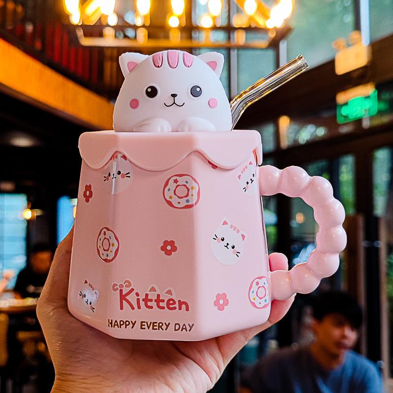 Cute Rabbit Pink Coffee Mugs With Lid And Straw Ceramic Kawaii Tea Milk Mug Creative Novelty Christmas Birthday For Lovers Girl