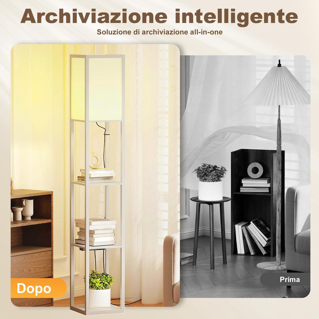 Floor Lamp with Shelves, Adjustable Light, Foot Switch and USB Ports, White