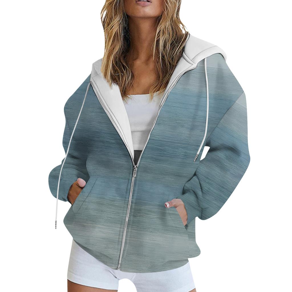Women's Long Sleeve Print Sweatshirt Long Sleeve Pocket Jacket Zipper Hoodie Coat