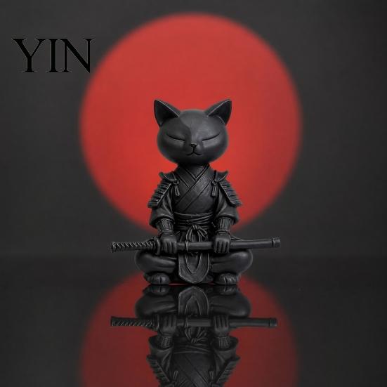 Small Stable Cat Model 3D Printed Knight Figurine, Meditating Desk Decor with Zen Warrior Pose, Desktop Minimalist Frosted Animal Sculpture for Office