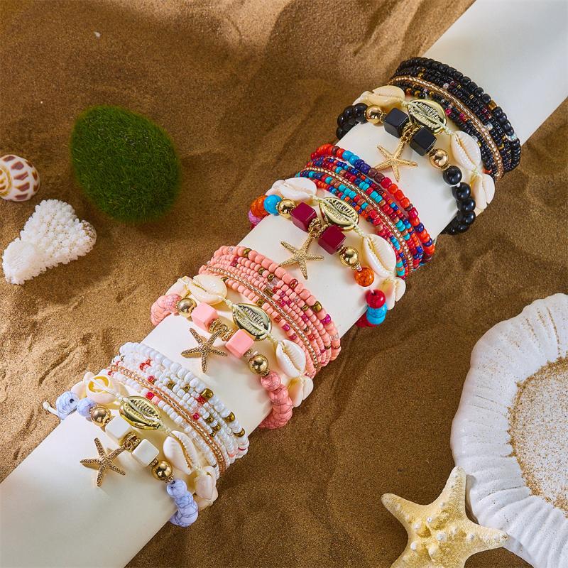 Boho Rice Beads Starfish Pendant Bracelets For Women Summer Ocean Beach Shell Charm Multilayer Bracelet Set