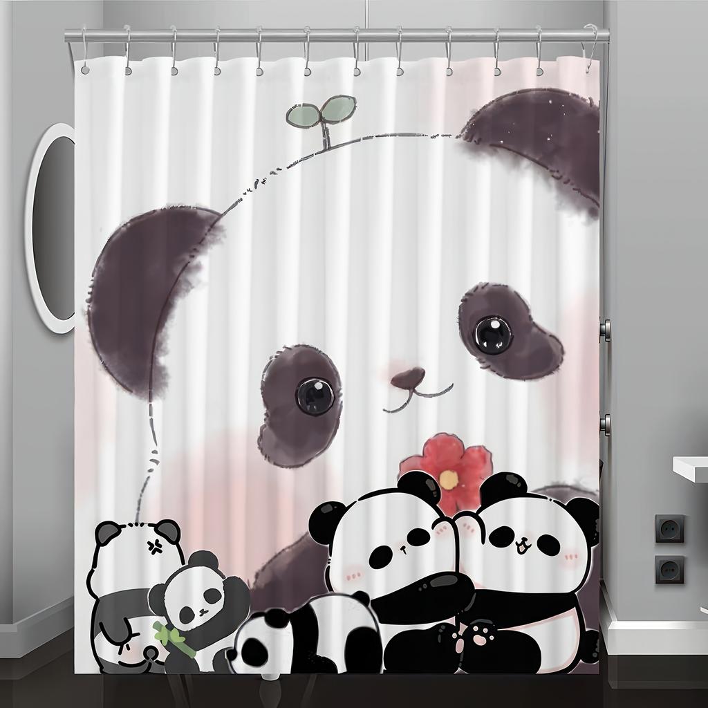 Cute Cartoon Panda Pattern Digital Print Shower Curtain - Machine Washable, Reversible Polyester, All-Season Bathroom/Home Decor