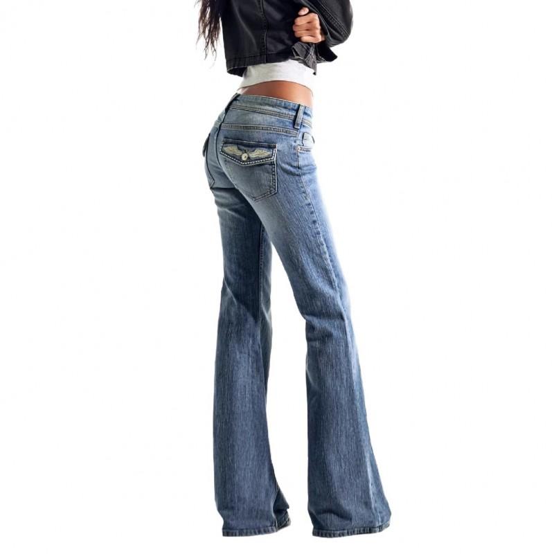 Womens Vintage Flared Jeans Low Waist Hot Drill Embroidery Denim Pants - Girls