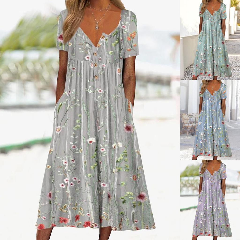 2023 Summer Women's Floral Button Round Neck Mid-Length Straight Dress
