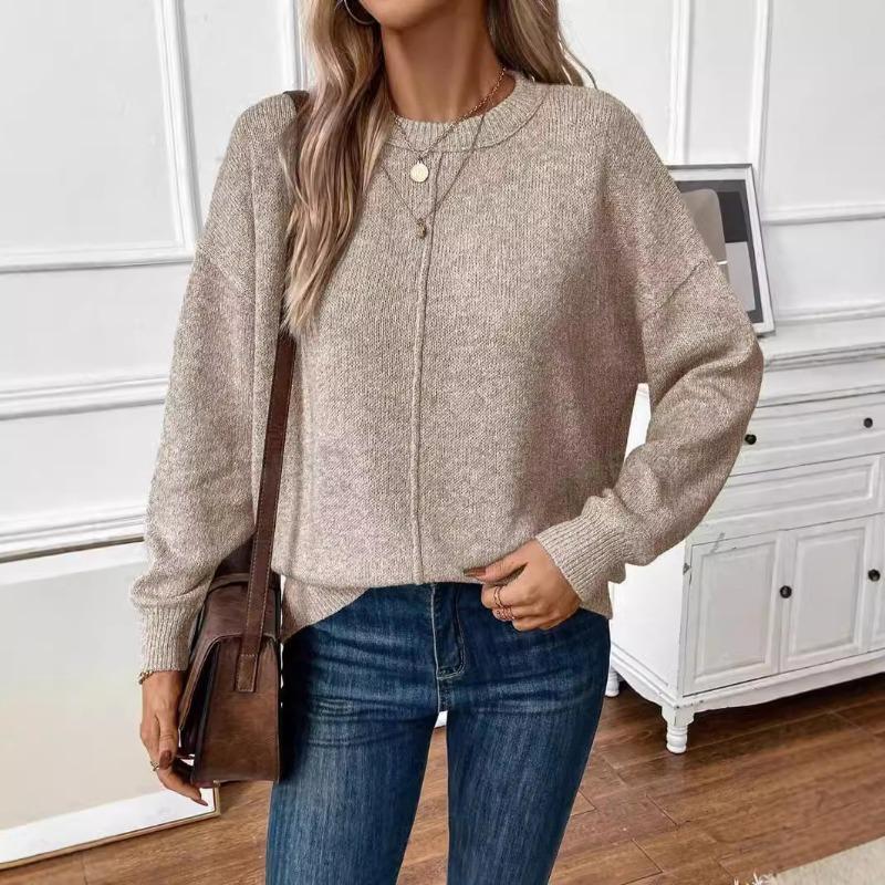 Осенне-зимний женский свободный однотонный вязаный свитер с круглым вырезом