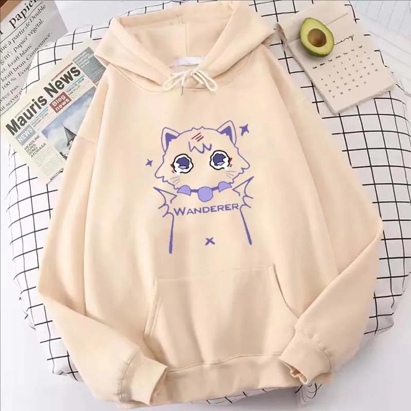 Худи с принтом мультяшного кота Genshin Impact, женские повседневные осенне-зимние каваий харадзюку флисовые толстовки с длинным рукавом